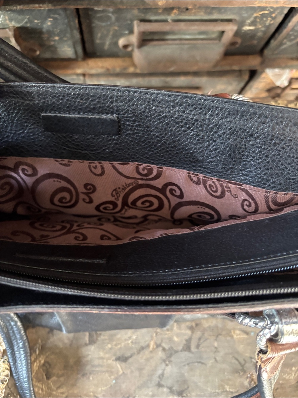 Brighton Mock Croc large Black Brown Leather Purse Doctor Style Bag Silver Trim - Picture 12 of 15